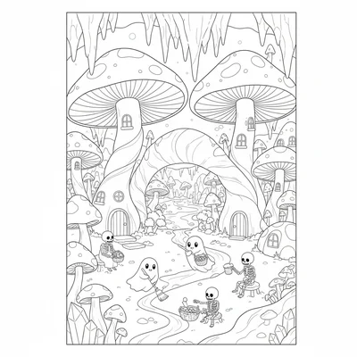 A spooky cute underground mushroom village, a large coloring page