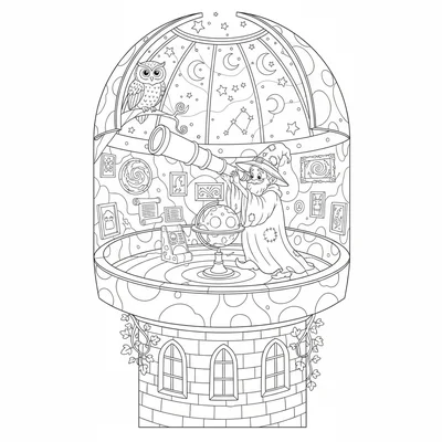 A spooky cute wizard's observatory atop a tower, a circular room with a domed coloring page