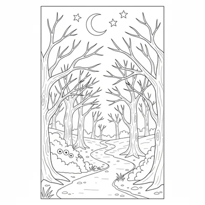 A spooky forest path at night, a winding dirt path through dead trees with bare coloring page
