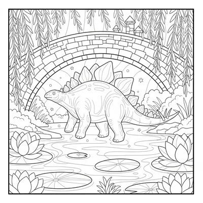 A Stegosaurus ghost gently floating above a misty pond in a gothic garden, wate… coloring page