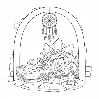 A Stegosaurus skeleton curled up sleeping in a cozy crypt niche, its plates for… coloring page