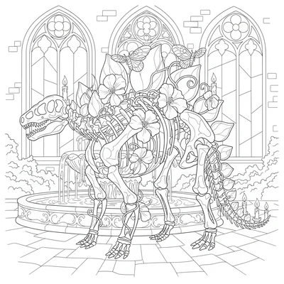 A Stegosaurus skeleton with its back plates arranged as a garden trellis, night… coloring page