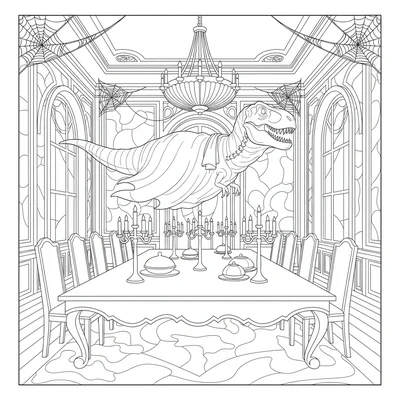 A T-Rex ghost floating through a grand Victorian dining room, its translucent b… coloring page
