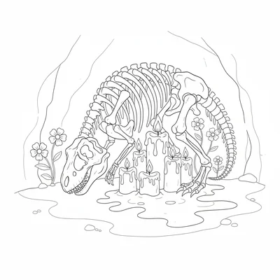 A T-Rex skeleton curled around a cluster of dripping candles, melted wax poolin… coloring page