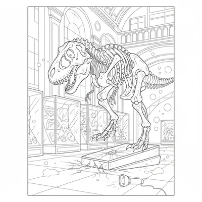 A T-Rex skeleton posed as a museum exhibit come to life, stepping off its displ… coloring page