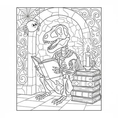 A T-Rex skeleton reading a book in a cozy crypt alcove, propped against stone w… coloring page