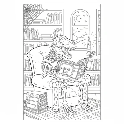 A T-Rex skeleton reading a large book by candlelight in a c… coloring page