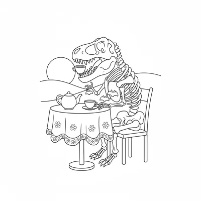 A T-Rex skeleton sitting at a small table set for tea, lace… coloring page