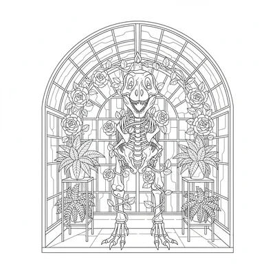 A T-Rex skeleton standing upright inside a Victorian greenhouse conservatory, c… coloring page