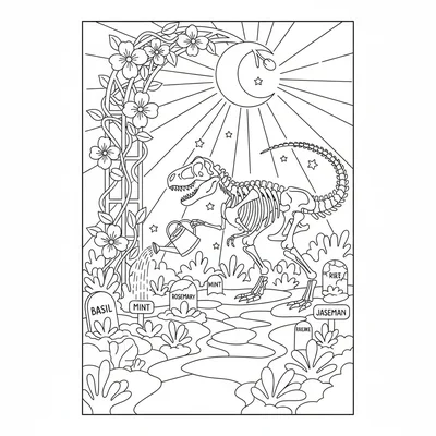 A T-Rex skeleton tending a moonlit garden, using its tail to water plants from… coloring page