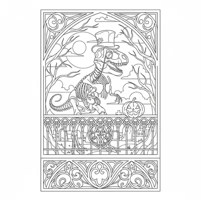 A T-Rex skeleton wearing a top hat and monocle, standing at a gothic wrought-ir… coloring page