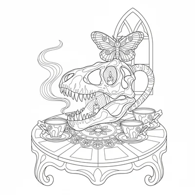 A T-Rex skull repurposed as a teapot centerpiece on a gothic table setting, ste… coloring page