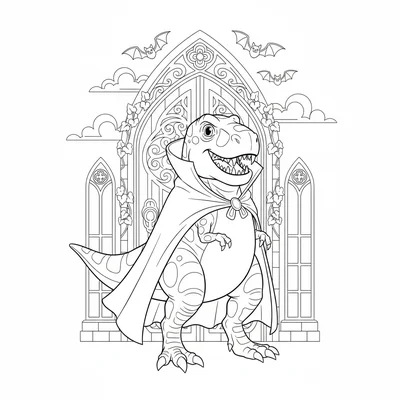 A T-Rex vampire with a high-collared cape, fangs visible in a friendly grin, st… coloring page