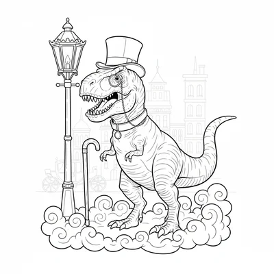 A T-Rex wearing a top hat and monocle, holding a walking cane in its jaw, stand… coloring page