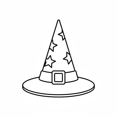 A simple tall pointed witch hat with a wide flat brim, a buckled band around coloring page