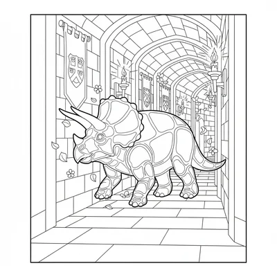 A Triceratops ghost drifting through a candlelit stone corridor of a castle, it… coloring page