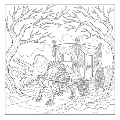 A Triceratops pulling a hearse carriage through a foggy lan… coloring page