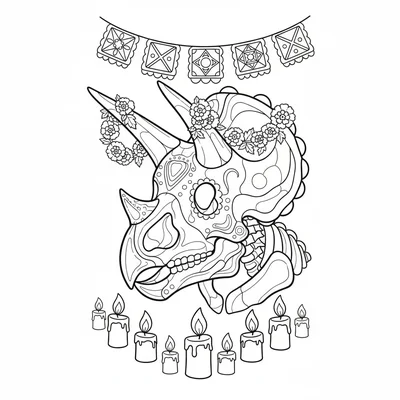 A Triceratops skeleton decorated for a Day of the Dead celebration, sugar skull… coloring page