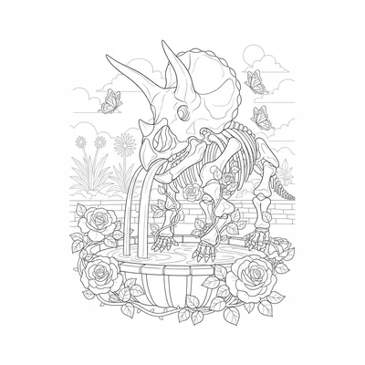 A Triceratops skeleton posed as a garden fountain, water ar… coloring page