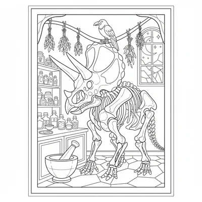 A Triceratops skeleton posed in a witch's apothecary, its frill bones serving a… coloring page