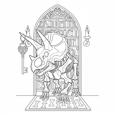 A Triceratops skeleton standing guard at the entrance of a gothic library, tall… coloring page