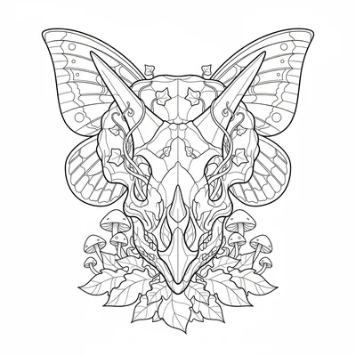 A Triceratops skull adorned with vine tendrils growing through the eye sockets… coloring page