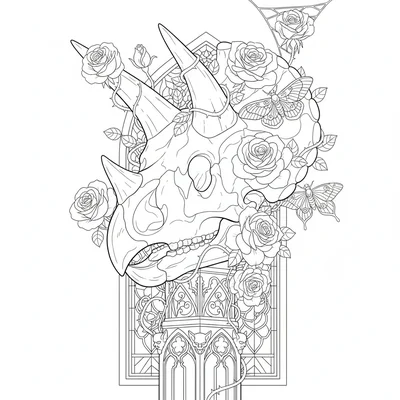 A Triceratops skull overgrown with climbing roses, thorny v… coloring page