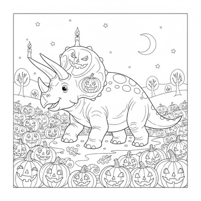 A Triceratops with jack-o-lantern faces carved into its fri… coloring page