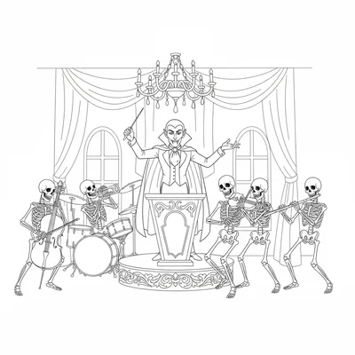 A vampire count conducting an orchestra of skeletons, a vampire coloring page