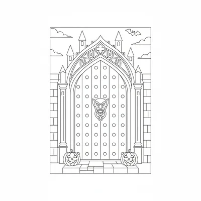 A vampire's castle entrance door, a tall arched wooden door with iron studs coloring page