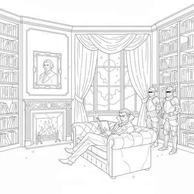A vampire's private library and lounge, a large room with floor-to-ceiling coloring page