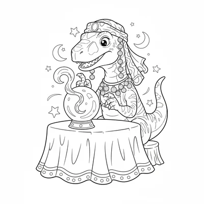 A Velociraptor fortune teller sitting behind a crystal ball… coloring page