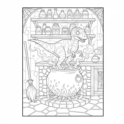A Velociraptor ghost emerging from a misty cauldron in a witch's kitchen, the c… coloring page