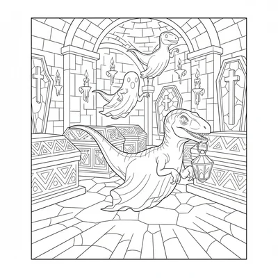 A Velociraptor ghost pack of three gliding through a candlelit stone crypt, the… coloring page