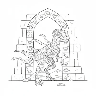 A Velociraptor mummy wrapped in bandage strips with a few l… coloring page
