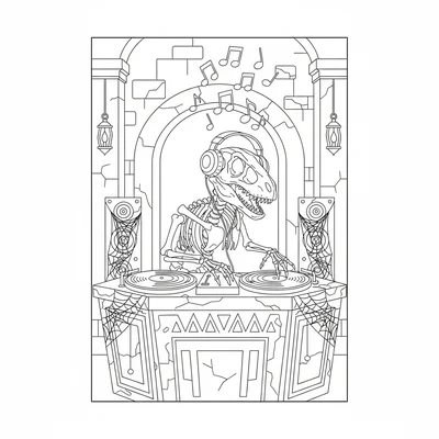 A Velociraptor skeleton DJ spinning records on a turntable… coloring page