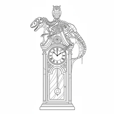 A Velociraptor skeleton perched on top of a gothic grandfather clock, the clock… coloring page