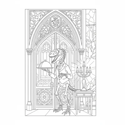 A Velociraptor skeleton posed as a Victorian butler, holding a silver tray with… coloring page