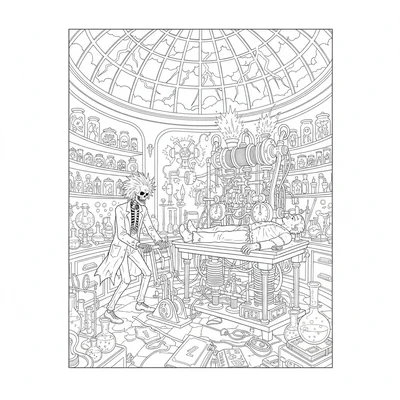 A Victorian-era mad scientist's workshop, a cluttered coloring page