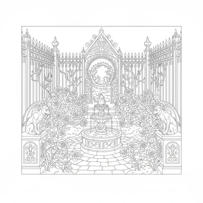 A Victorian gothic garden with tall iron fences forming the perimeter, gargoyle coloring page