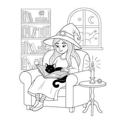 A witch and her familiar in an armchair, a young witch reading a large book coloring page