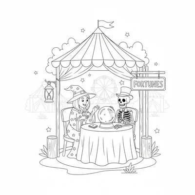 A witch running a fortune-telling booth at a fair, a small tent with a striped coloring page