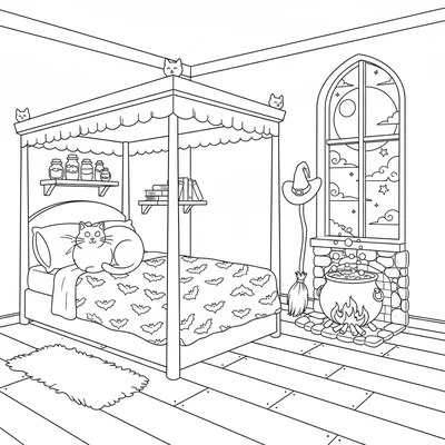 A witch's bedroom at night, a four-poster bed with a bat-patterned bedspread coloring page