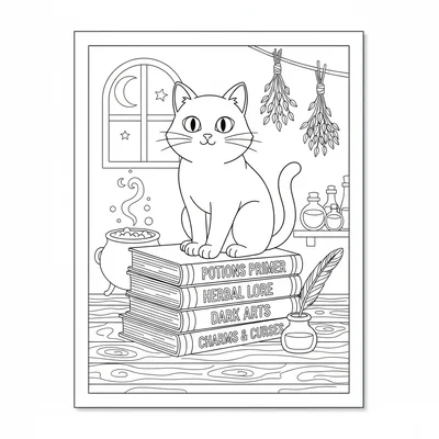 A witch's black cat perched on a stack of four large spell books on a wooden coloring page