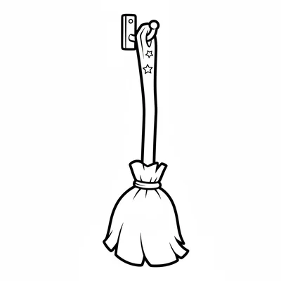A simple witch's broom hanging on a wall hook, viewed from a slight angle coloring page