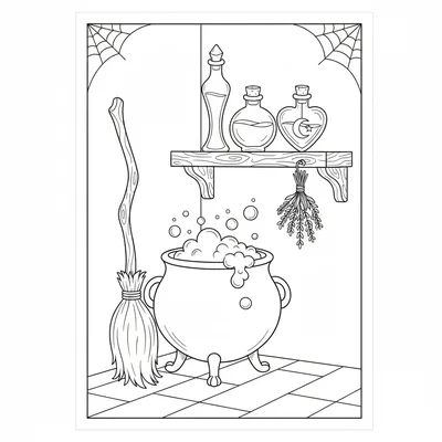 A witch's broom in a corner beside a cauldron on legs with bubbling contents coloring page