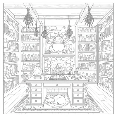A witch's cozy study with floor-to-ceiling bookshelves of spell books coloring page