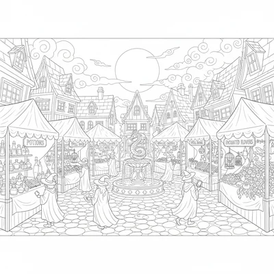 A witch's enchanted market square at night, a cobblestone square ringed coloring page