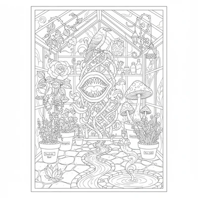 A witch's greenhouse filled with unusual and magical plants, a carnivorous coloring page