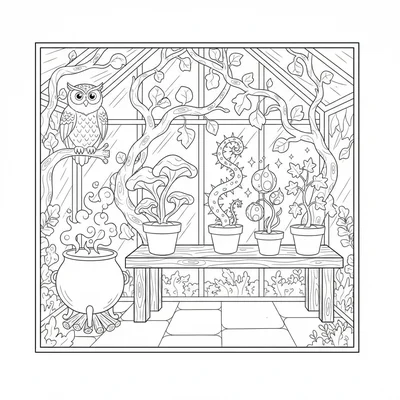 A witch's greenhouse with climbing vines on the glass walls, three varieties coloring page